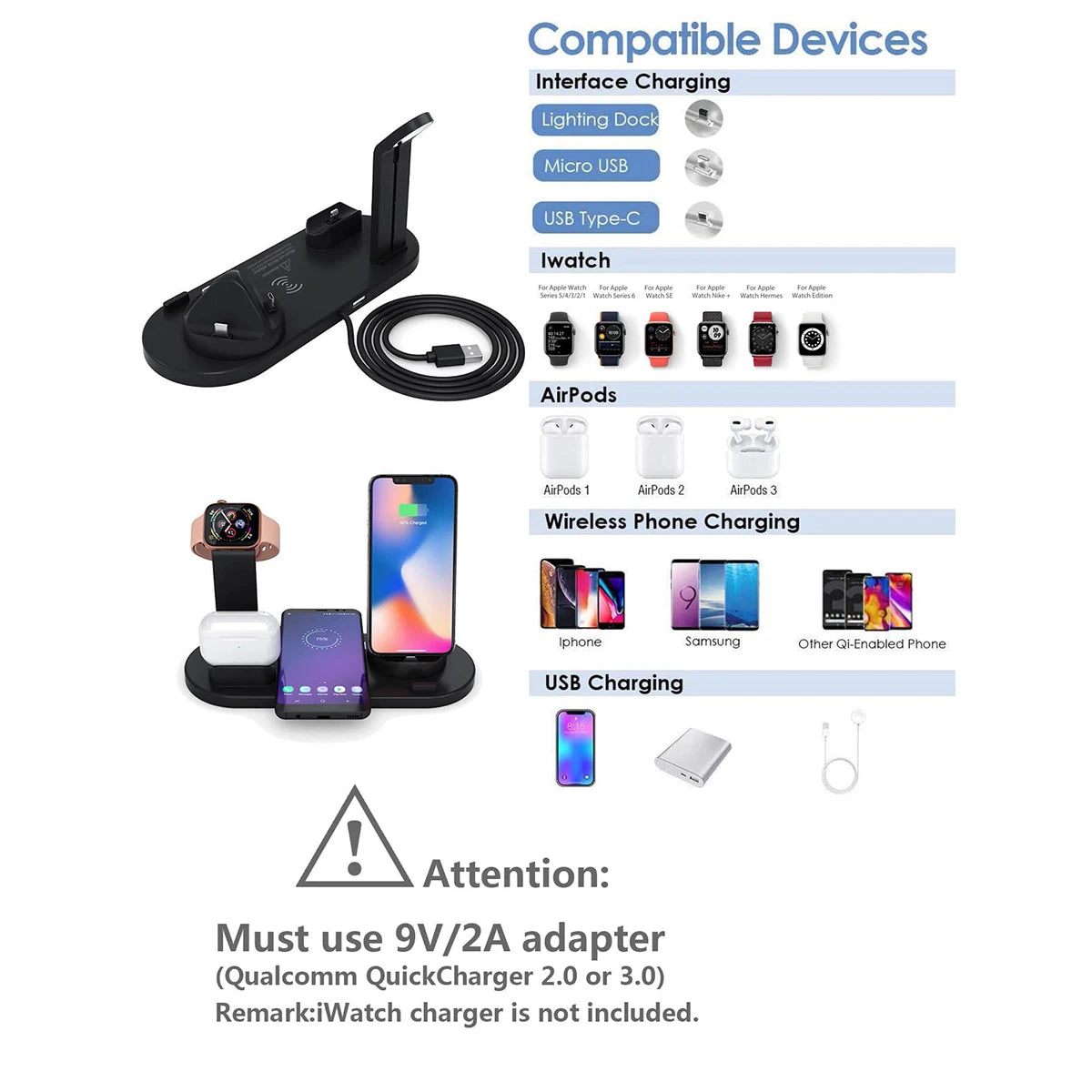 5 In 1 Wireless Charger Stand Pad For iPhone 15 14 13 12 11 X Apple
